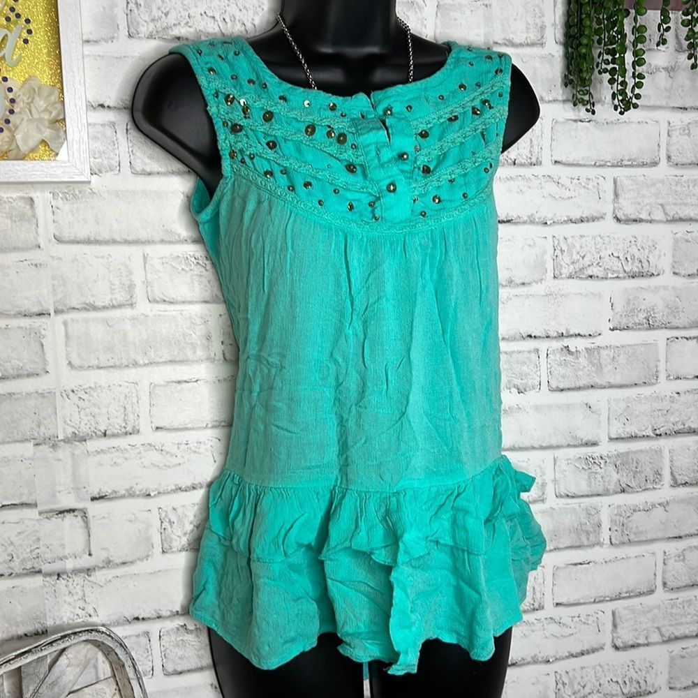 Life Style Boho Hippie Beaded Ruffle Tiered Tank Top Turquoise Shirt Top Small